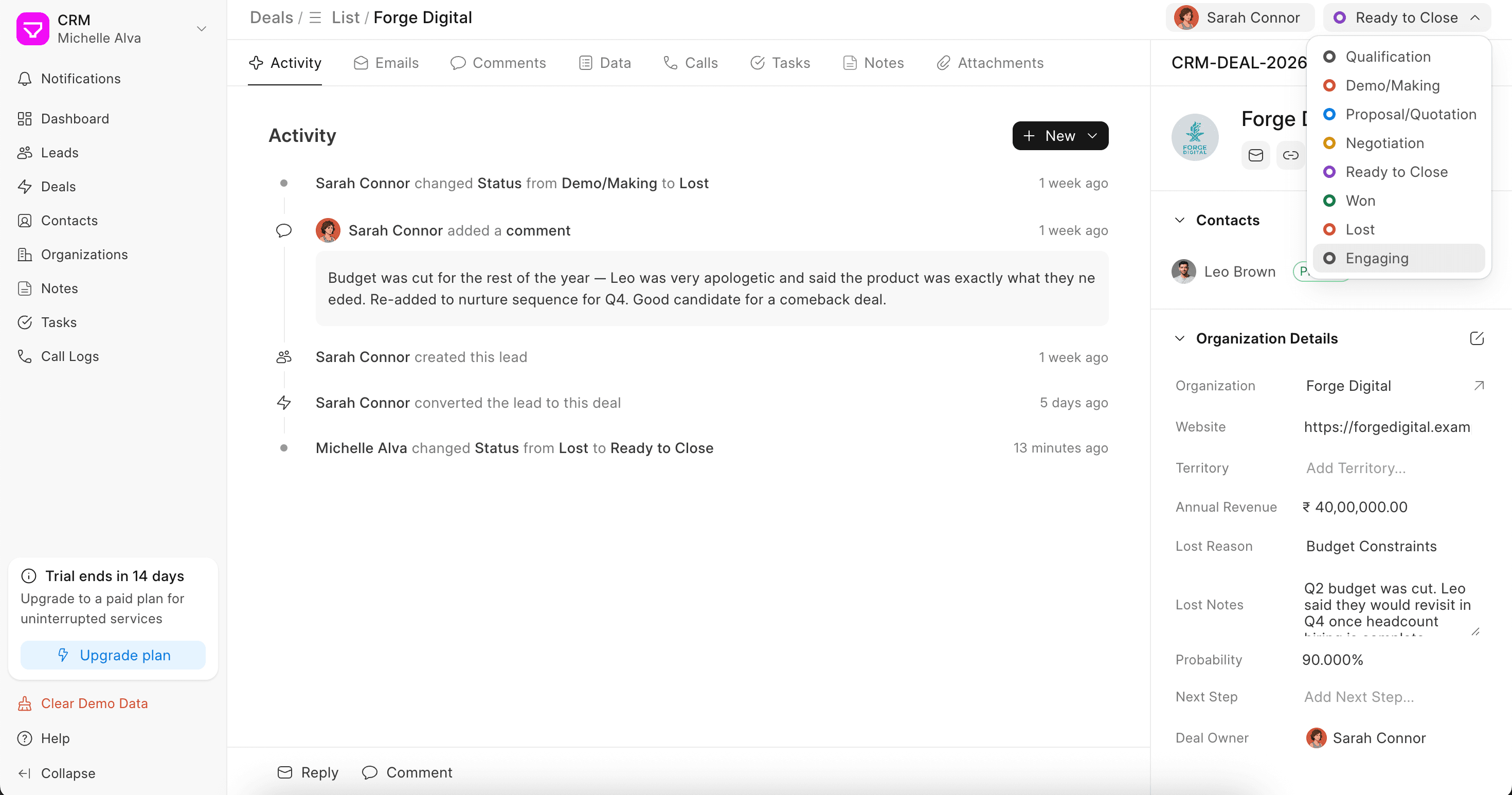 Frappe CRM deal workspace with opportunity values, ownership and activity