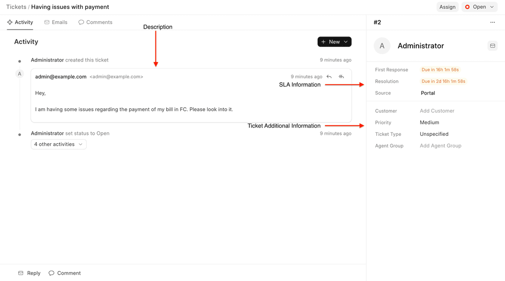 Frappe Helpdesk support ticket with status, customer and conversation context