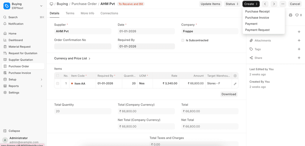 ERPNext purchase order record with supplier, items, totals and downstream actions