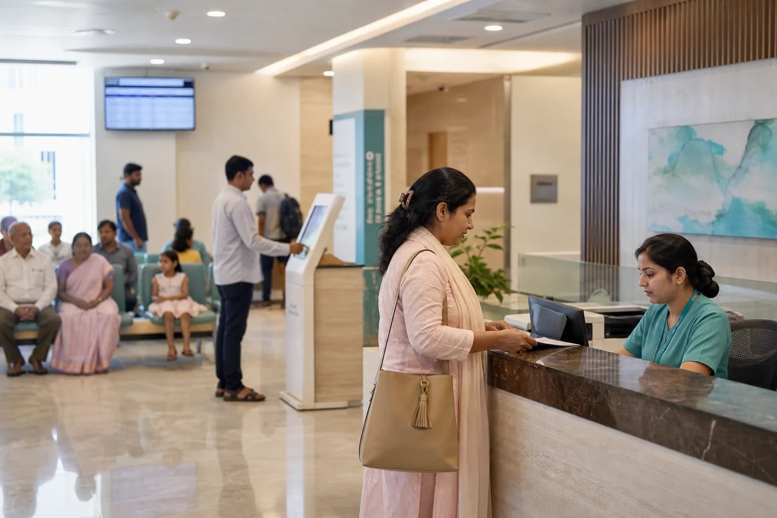 Hospital reception team working with patients at the front desk