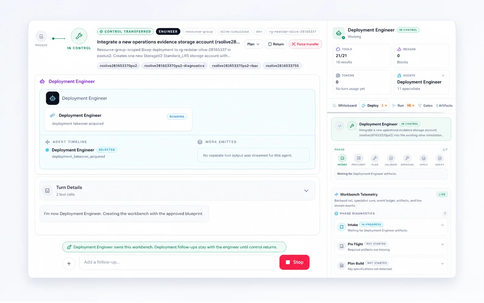 Governed AI workbench with assigned agent, review phases, and telemetry
