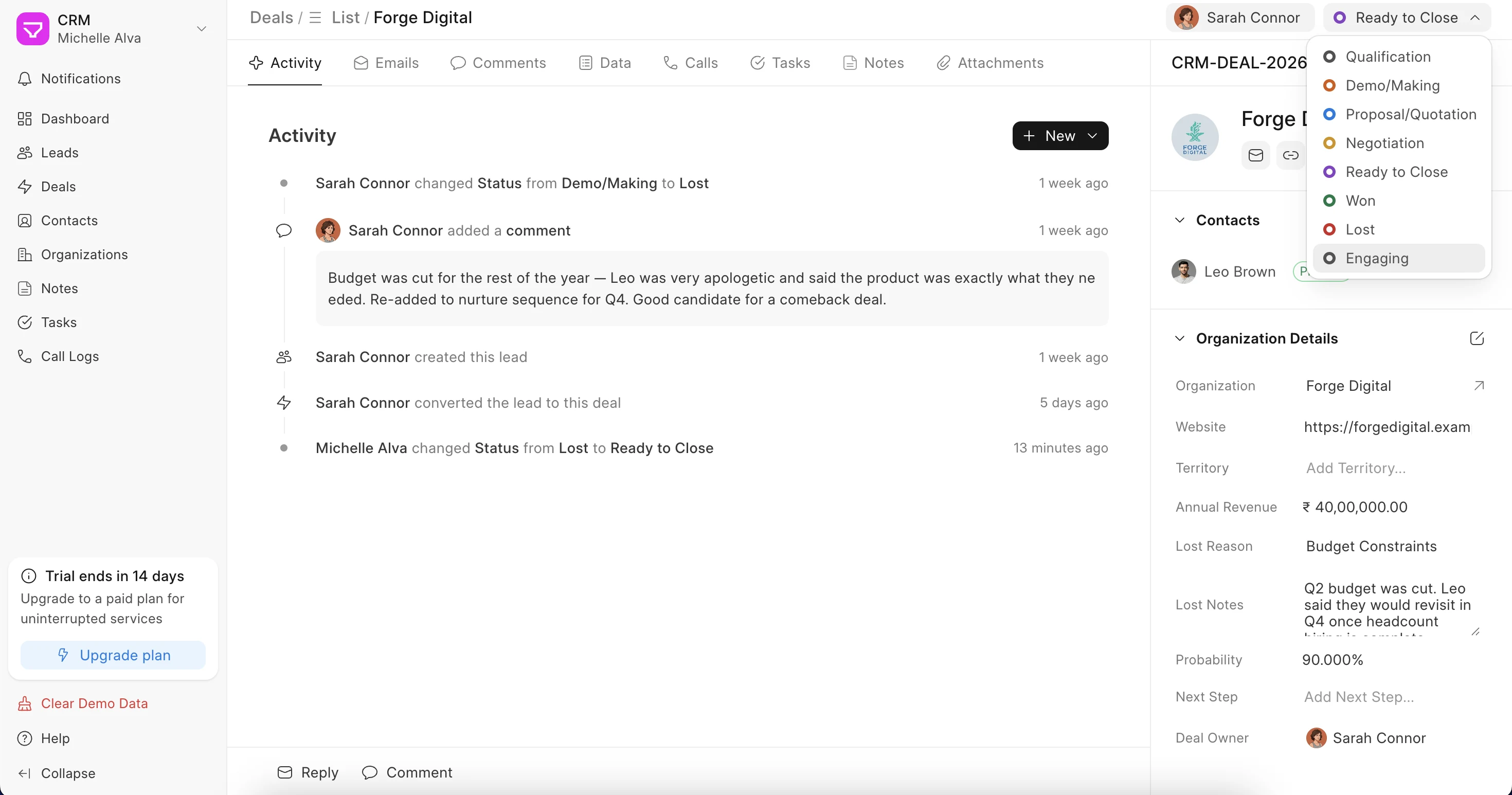 Frappe CRM deal workspace with opportunity values, ownership and activity