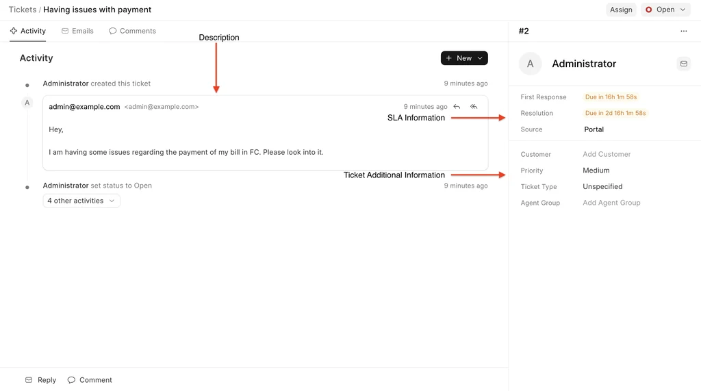 Frappe Helpdesk support ticket with status, customer and conversation context