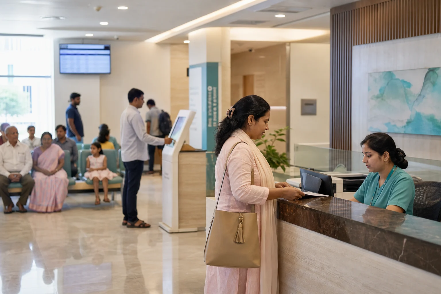 Hospital reception team supporting patients at the front desk