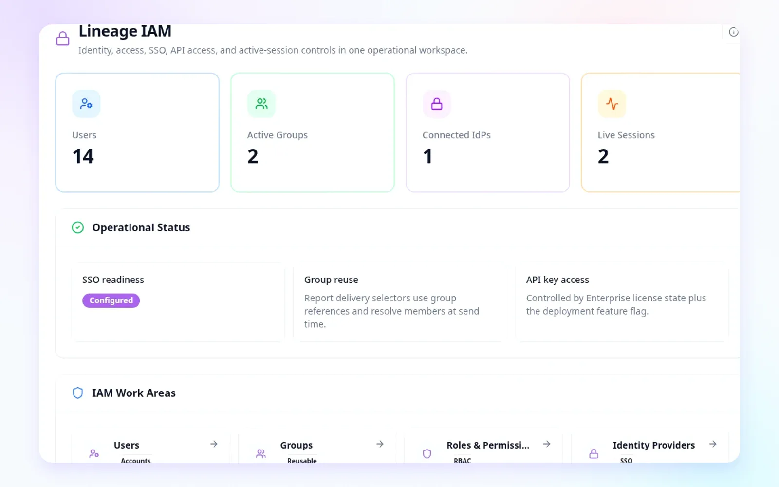 Lineage identity and access administration screen